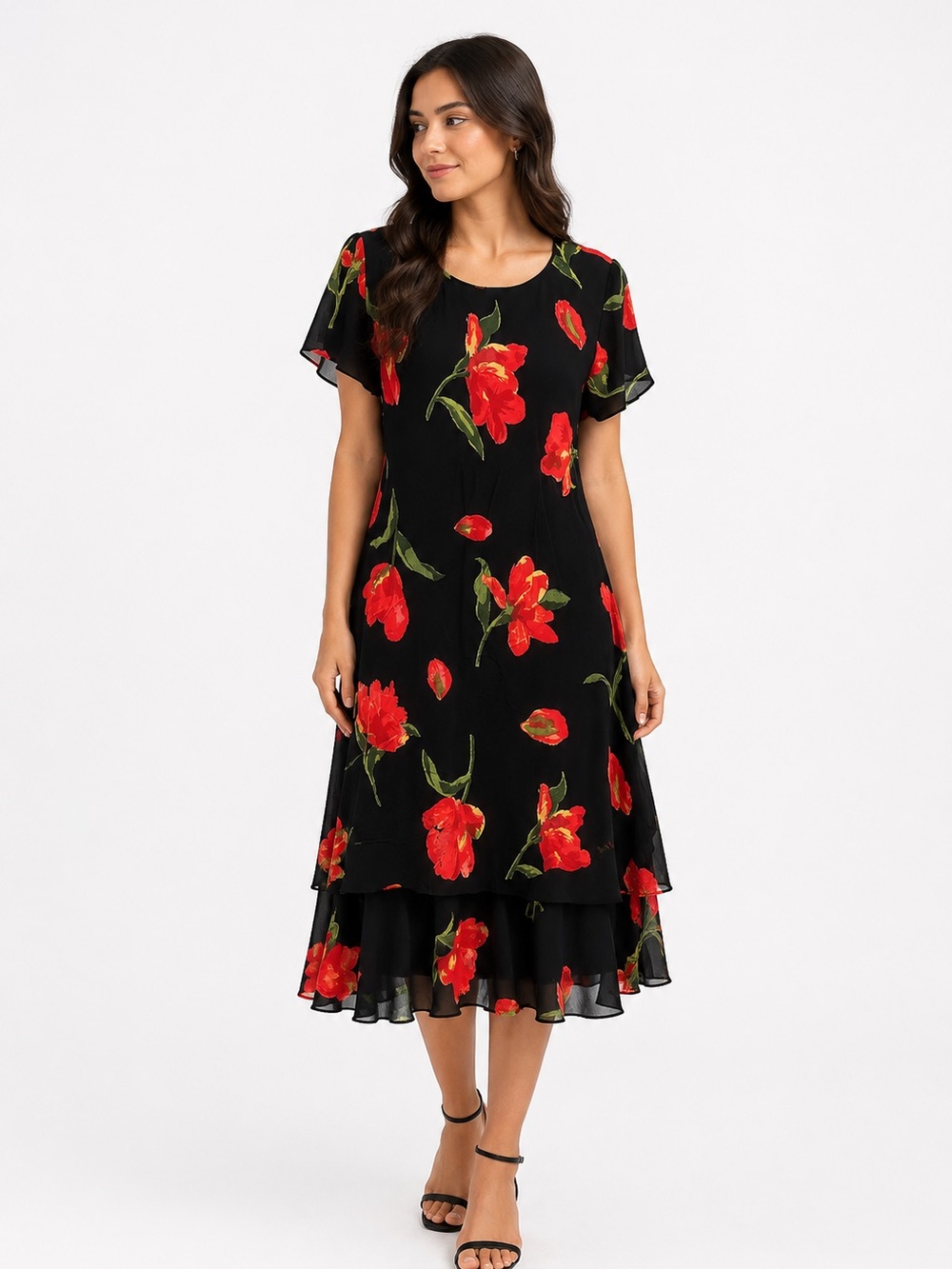 Black Midi Dress with Red Floral Print